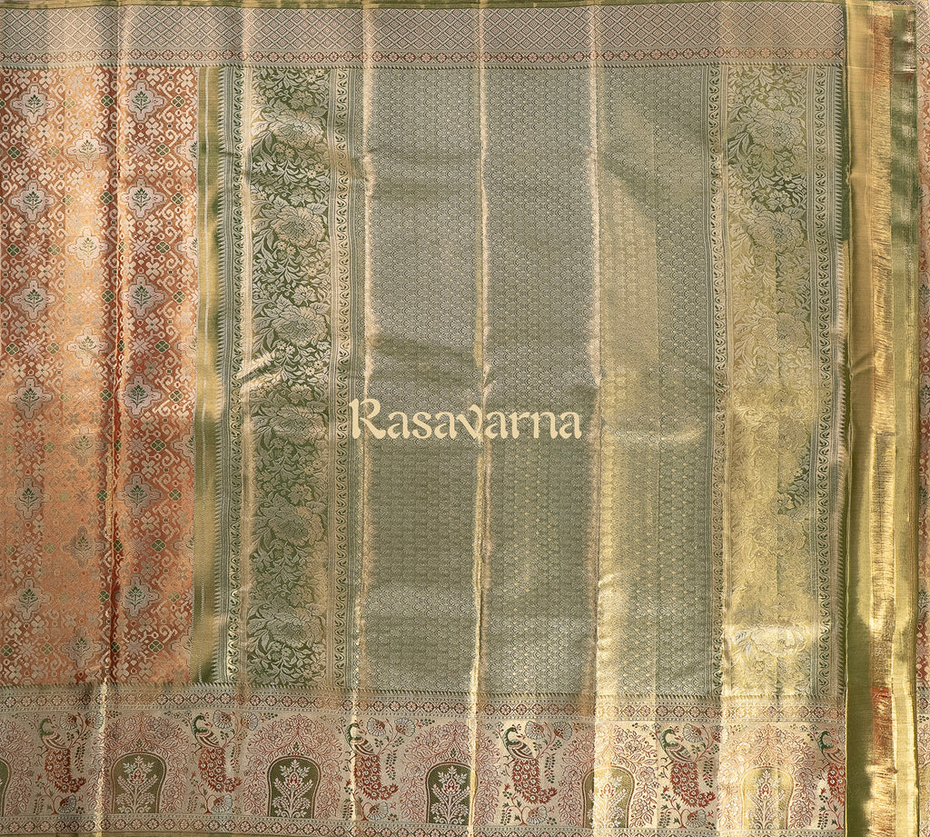 Orange Pure Silk Kanchipuram Pattu Saree with Green Border