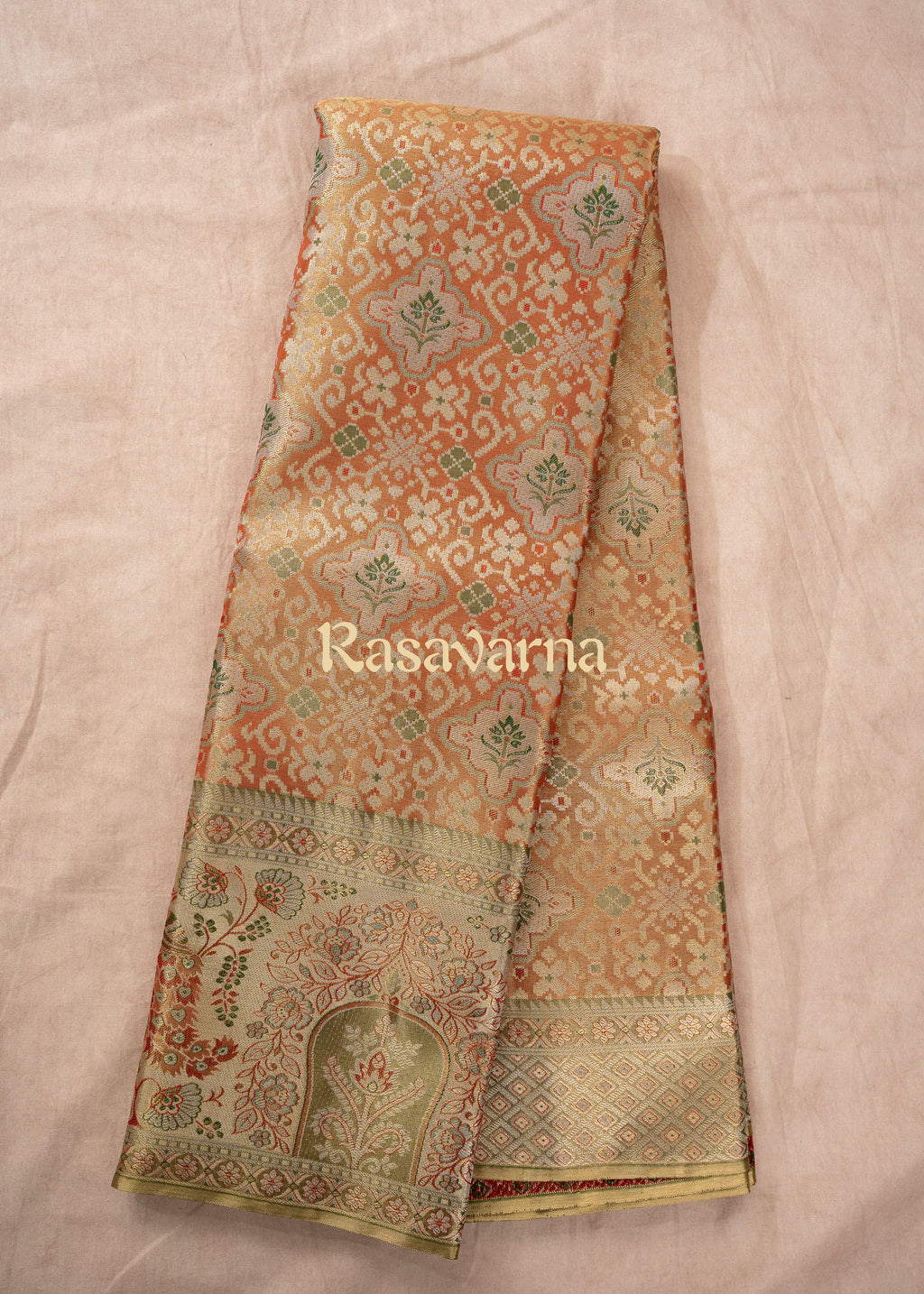 Orange Pure Silk Kanchipuram Pattu Saree with Green Border