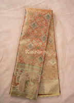 Orange Pure Silk Kanchipuram Pattu Saree with Green Border