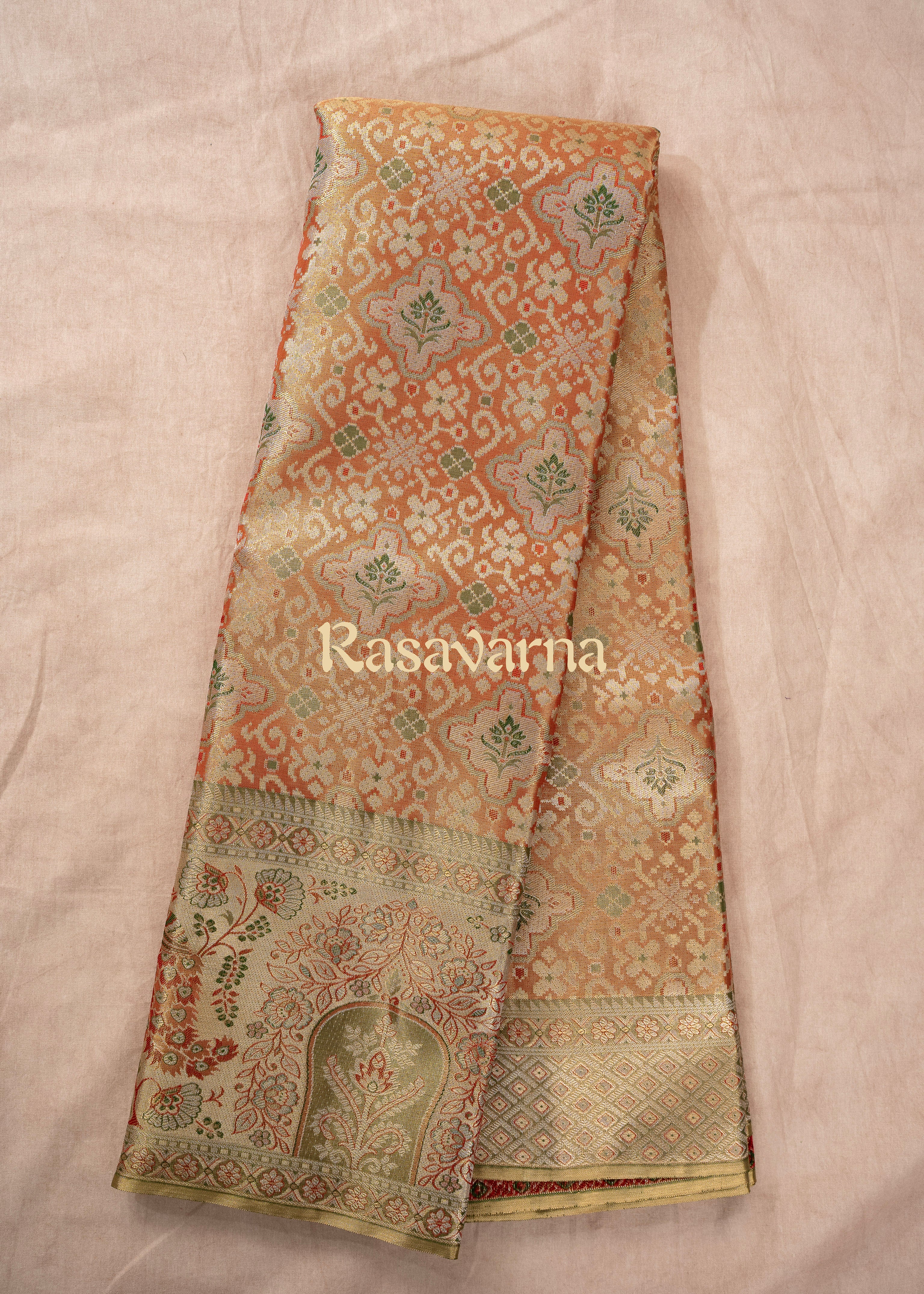 Orange Pure Silk Kanchipuram Pattu Saree with Green Border