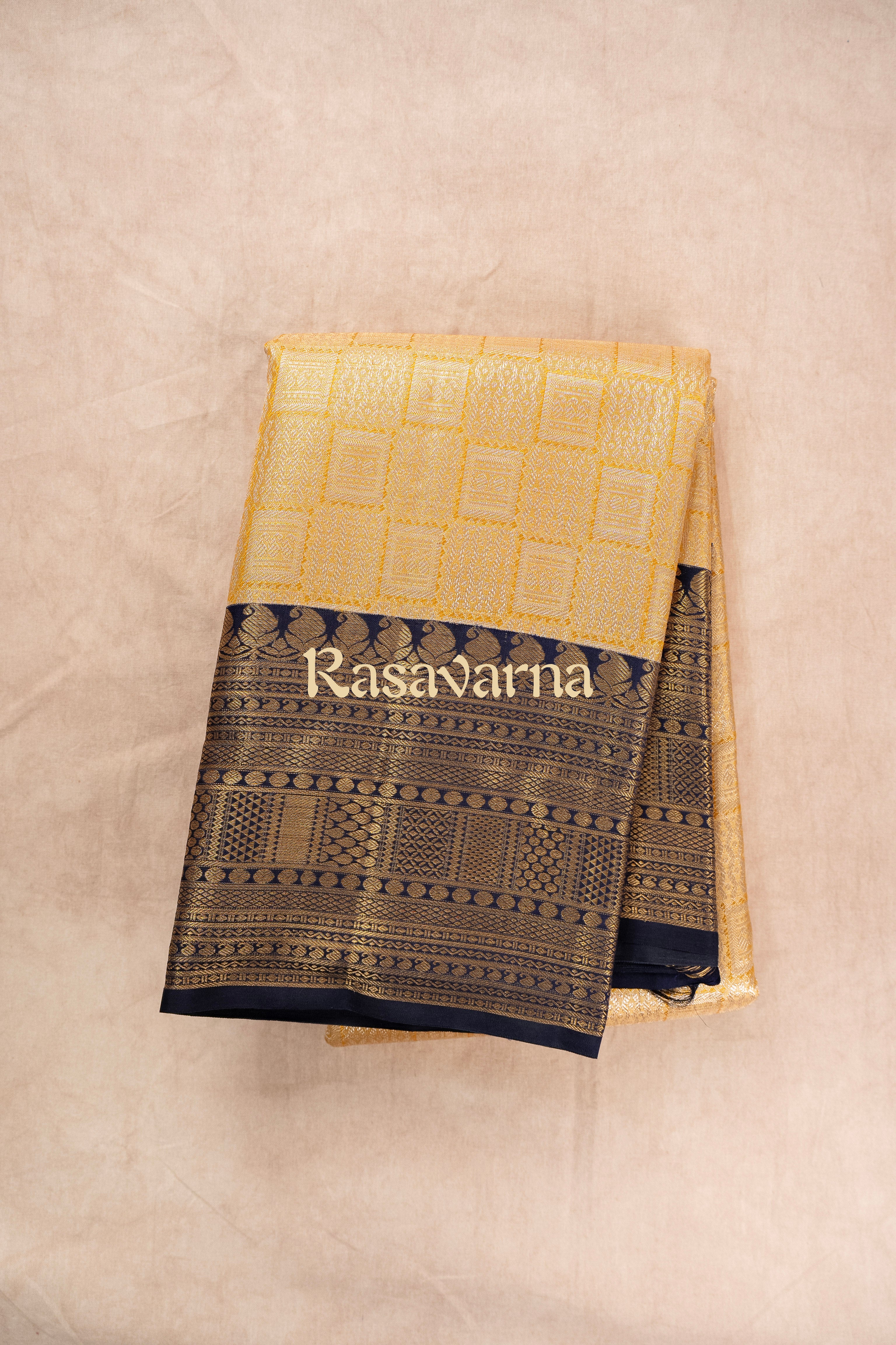 Yellow Pure Silk Kanchipuram Pattu Saree with Navy Blue Border