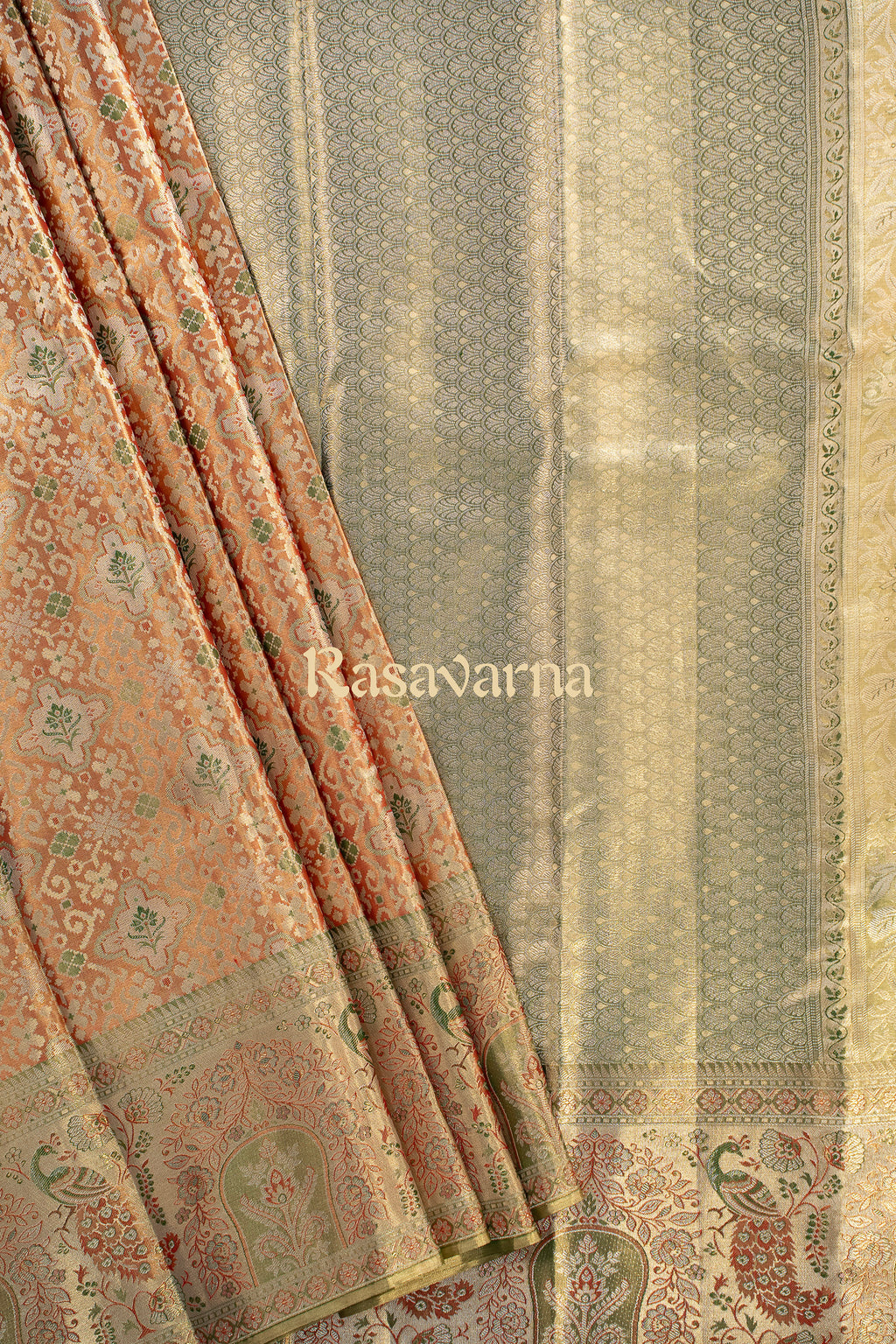 Orange Pure Silk Kanchipuram Pattu Saree with Green Border