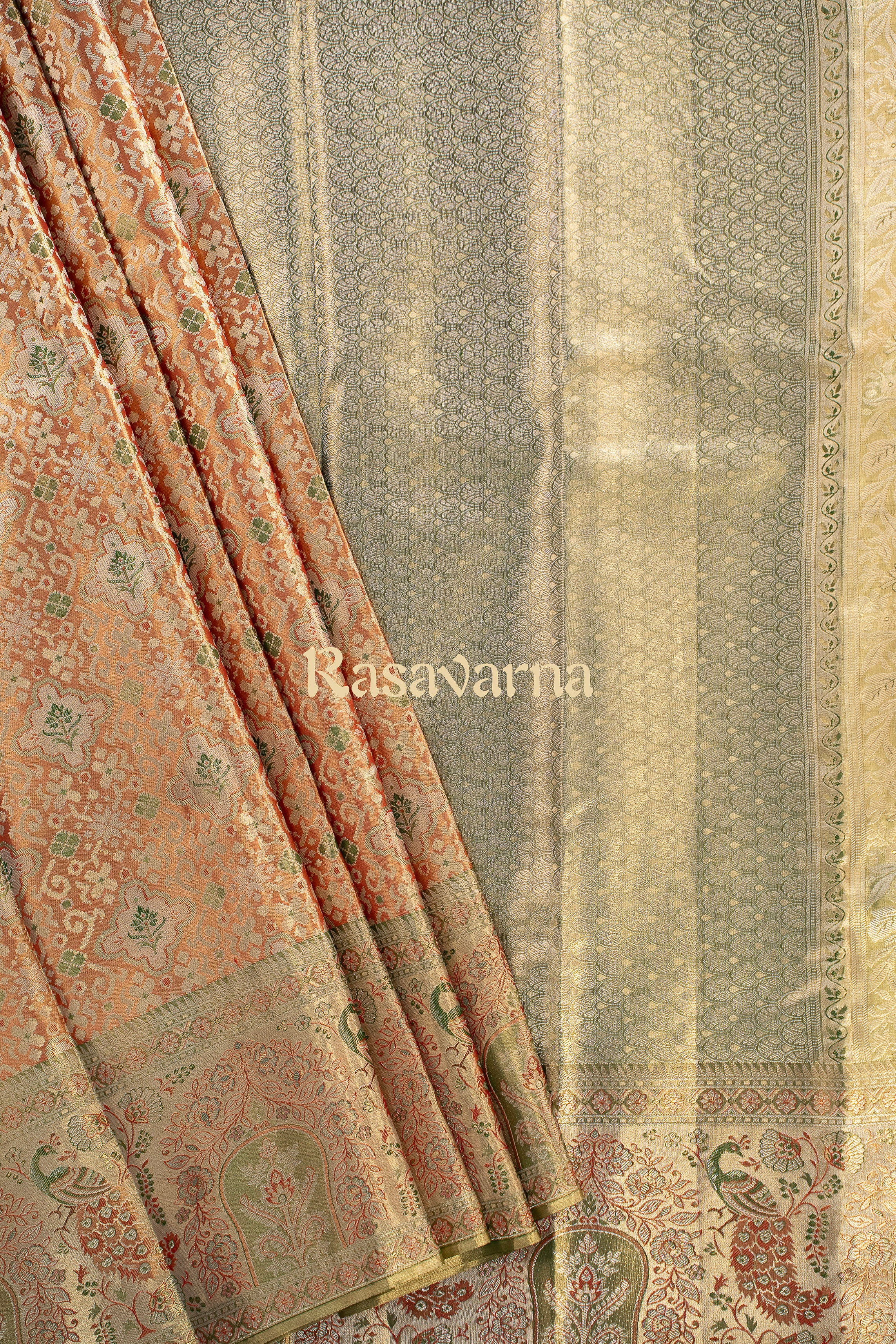 Orange Pure Silk Kanchipuram Pattu Saree with Green Border