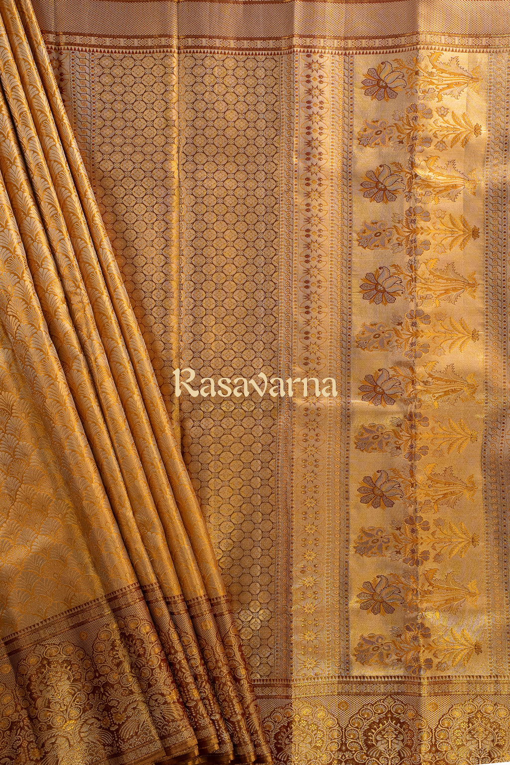 Gold Pure Silk Kanchipuram Pattu Saree with Contrast Border