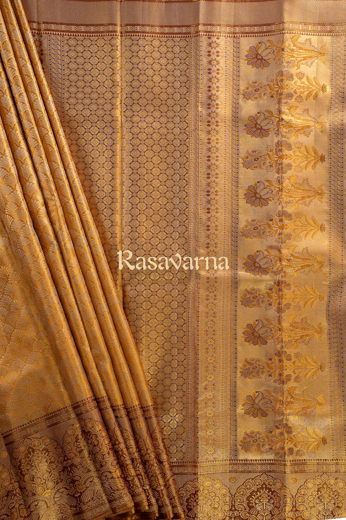Gold Pure Silk Kanchipuram Pattu Saree with Contrast Border