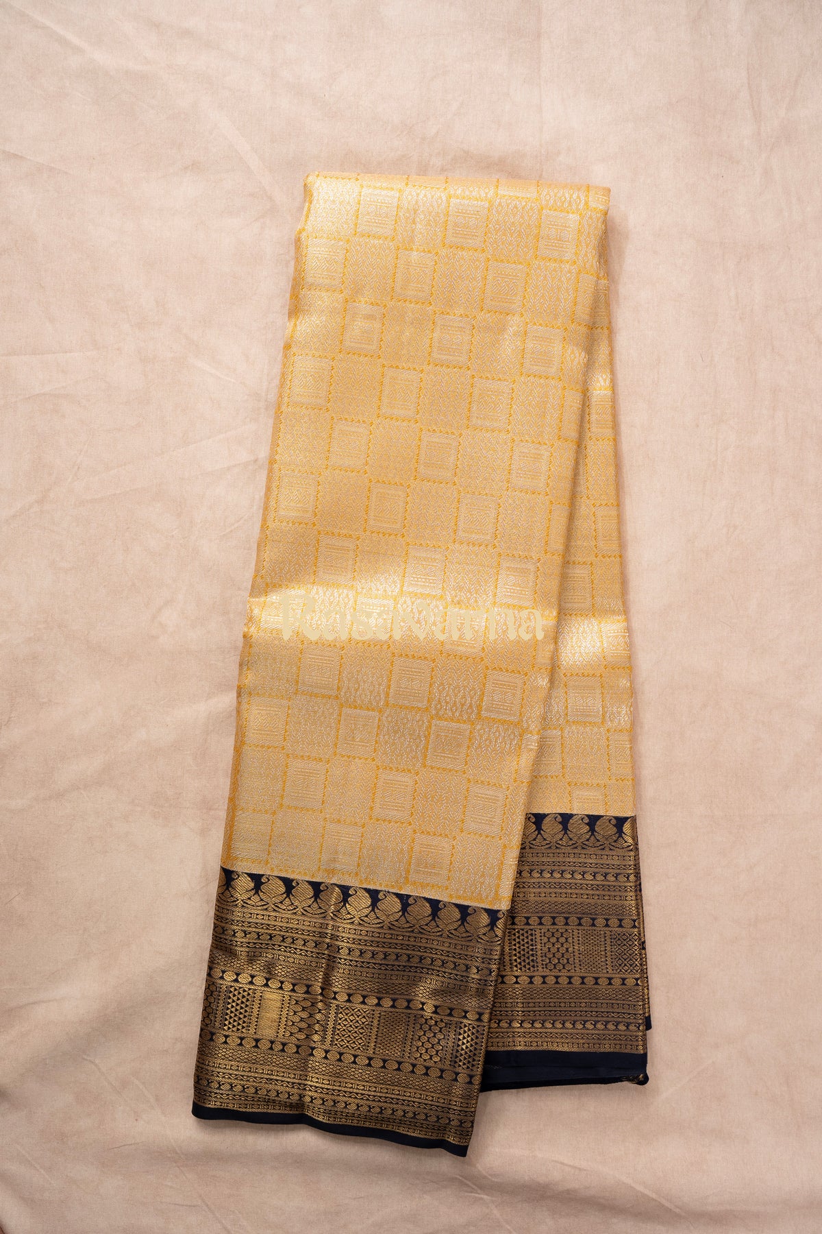 Yellow Pure Silk Kanchipuram Pattu Saree with Navy Blue Border