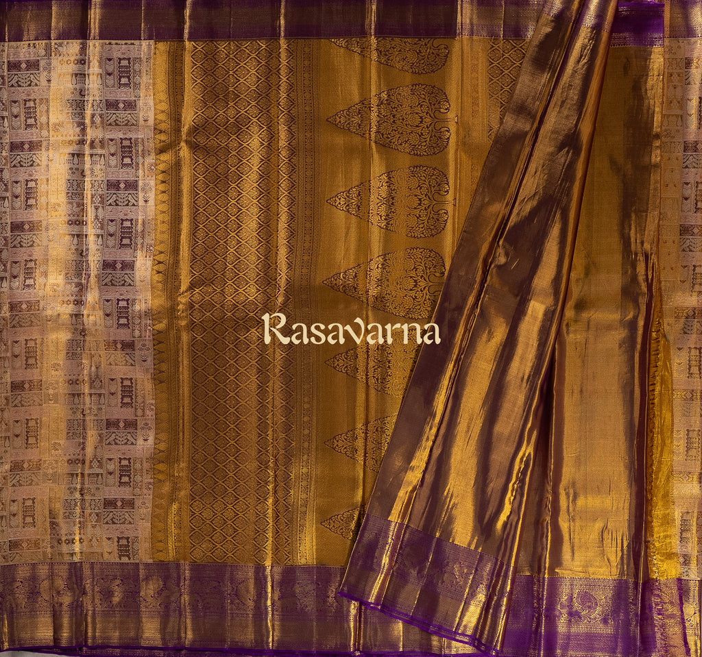 Gold Pure Silk Kanchipuram Pattu Saree with Purple Border