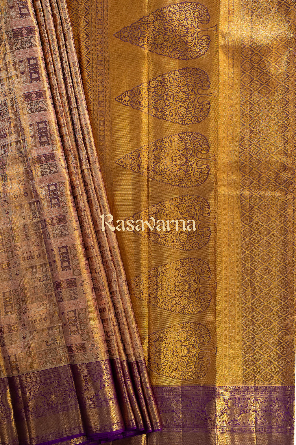 Gold Pure Silk Kanchipuram Pattu Saree with Purple Border