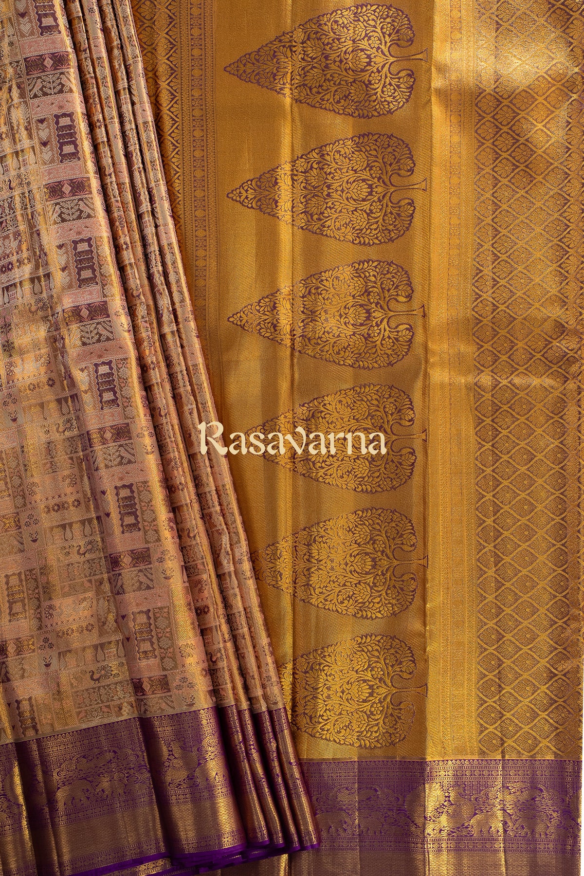Gold Pure Silk Kanchipuram Pattu Saree with Purple Border