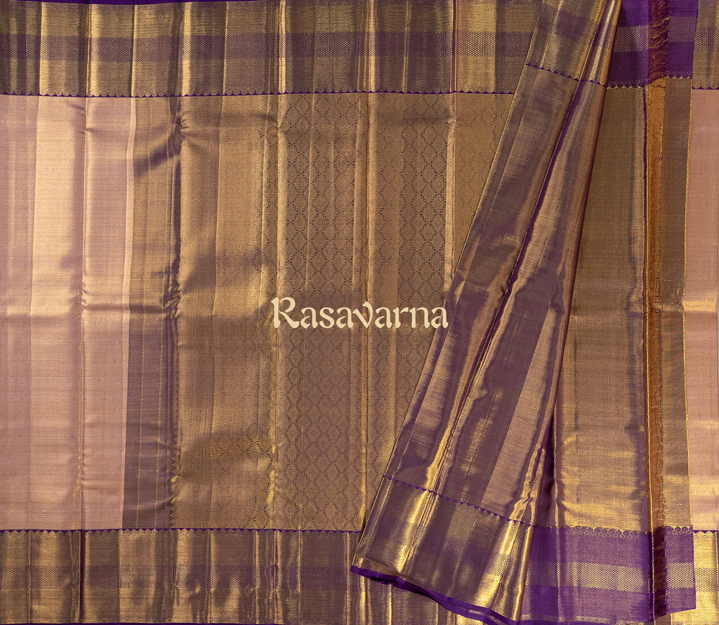 Rose Gold Pure Silk Kanchipuram Pattu Saree with Purple Border