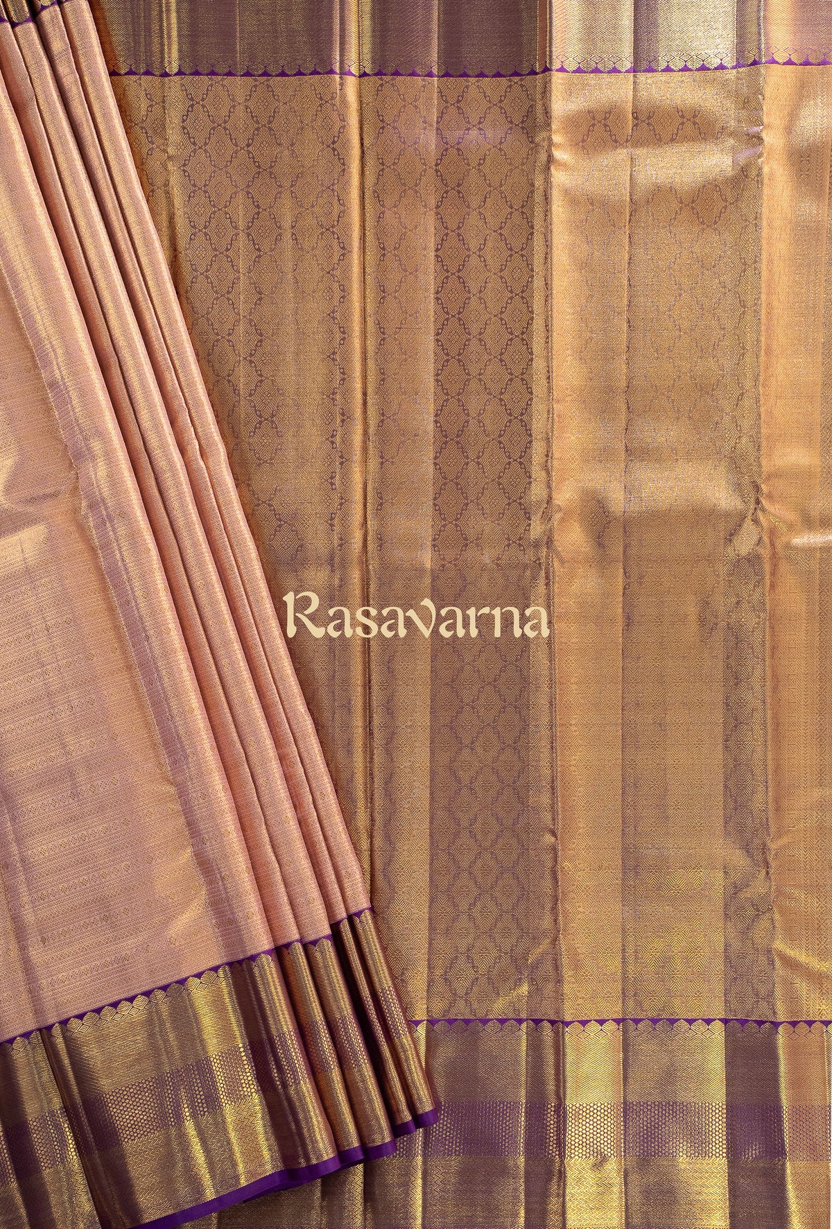 Rose Gold Pure Silk Kanchipuram Pattu Saree with Purple Border