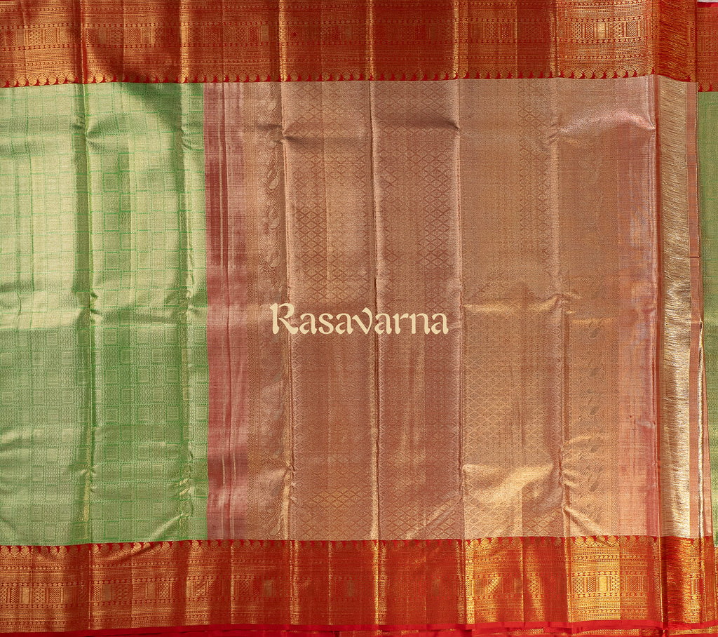 Pista Green Pure Silk Kanchipuram Pattu Saree with Red Border