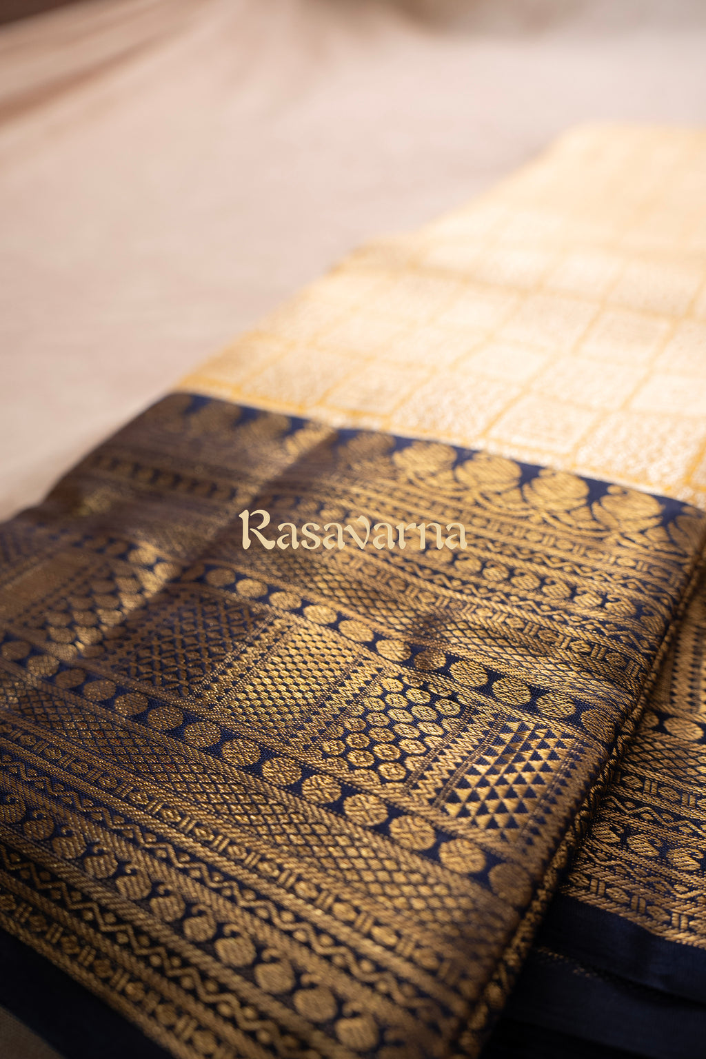 Yellow Pure Silk Kanchipuram Pattu Saree with Navy Blue Border
