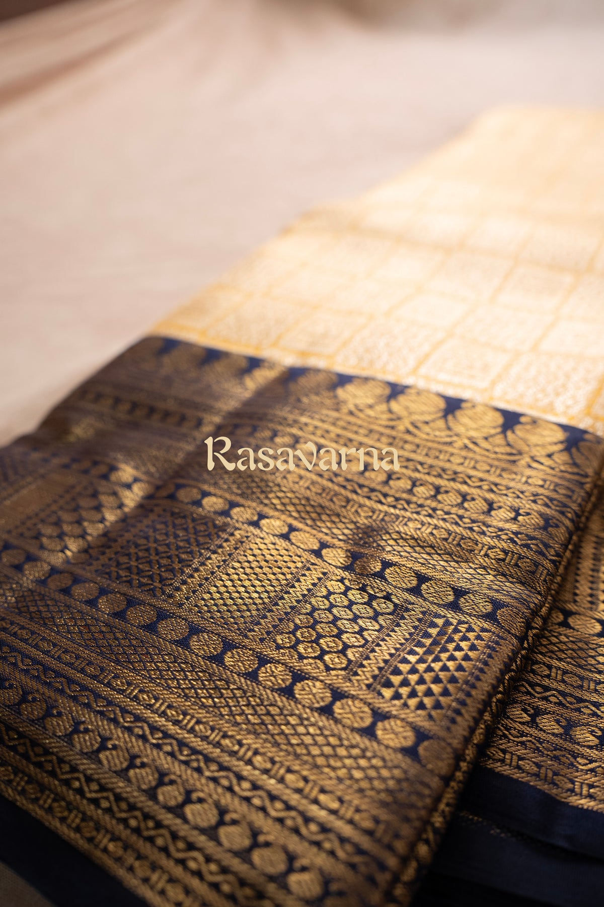 Yellow Pure Silk Kanchipuram Pattu Saree with Navy Blue Border