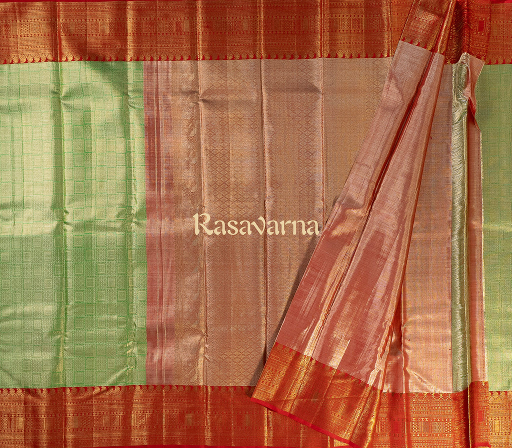 Pista Green Pure Silk Kanchipuram Pattu Saree with Red Border