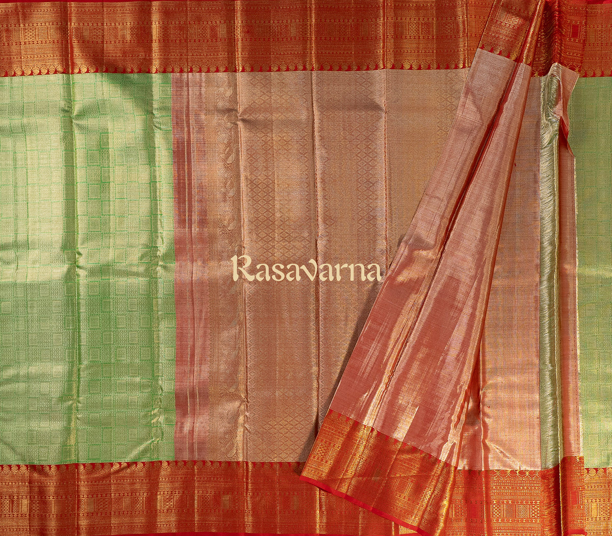 Pista Green Pure Silk Kanchipuram Pattu Saree with Red Border