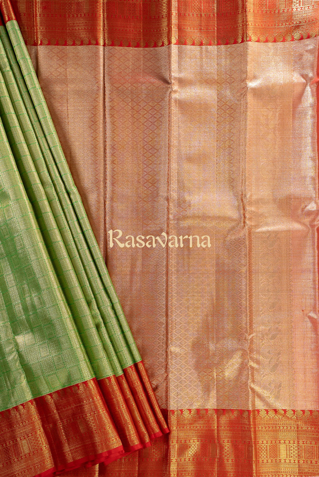 Pista Green Pure Silk Kanchipuram Pattu Saree with Red Border