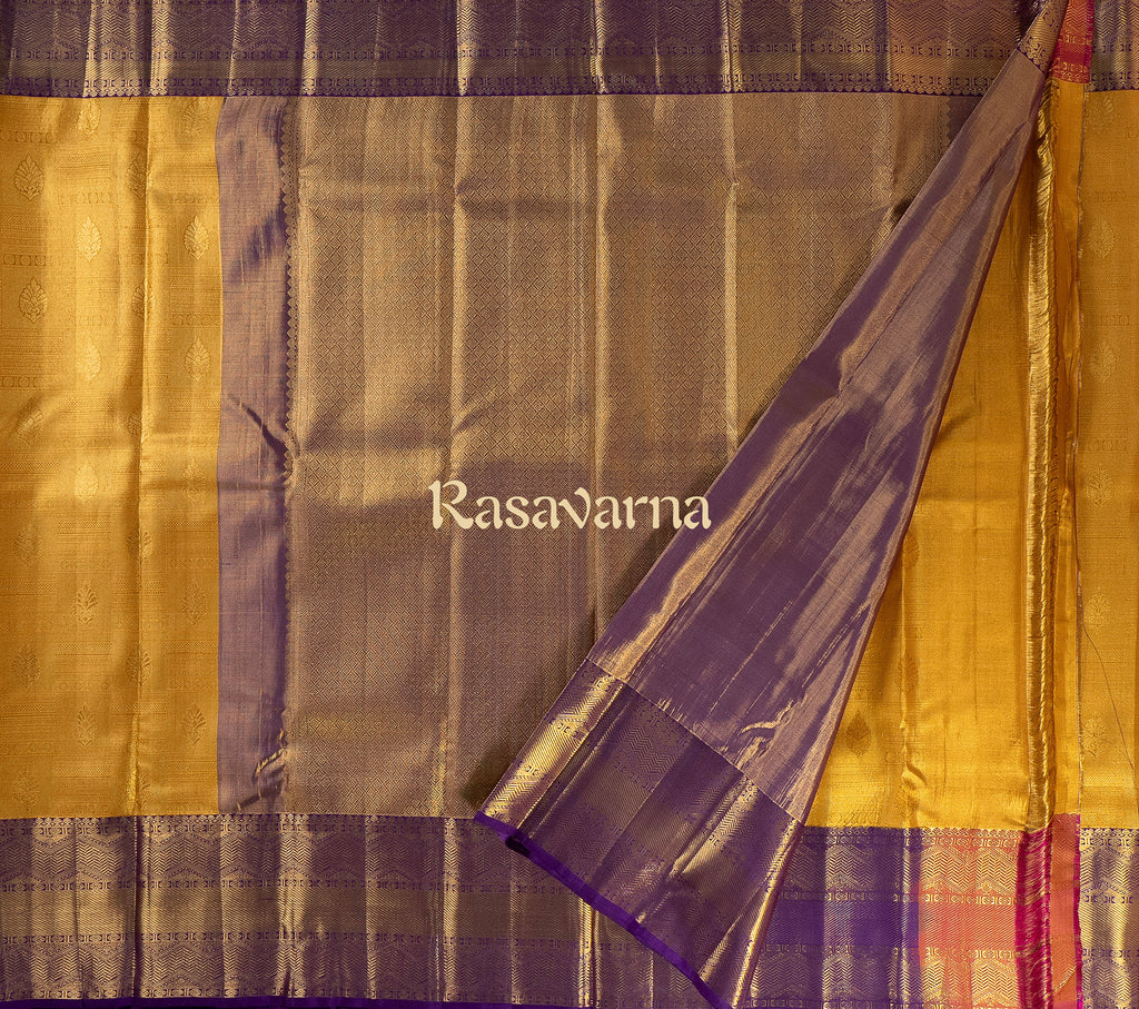 Mustard Gold Pure Silk Kanchipuram Pattu Saree with Magenta Border