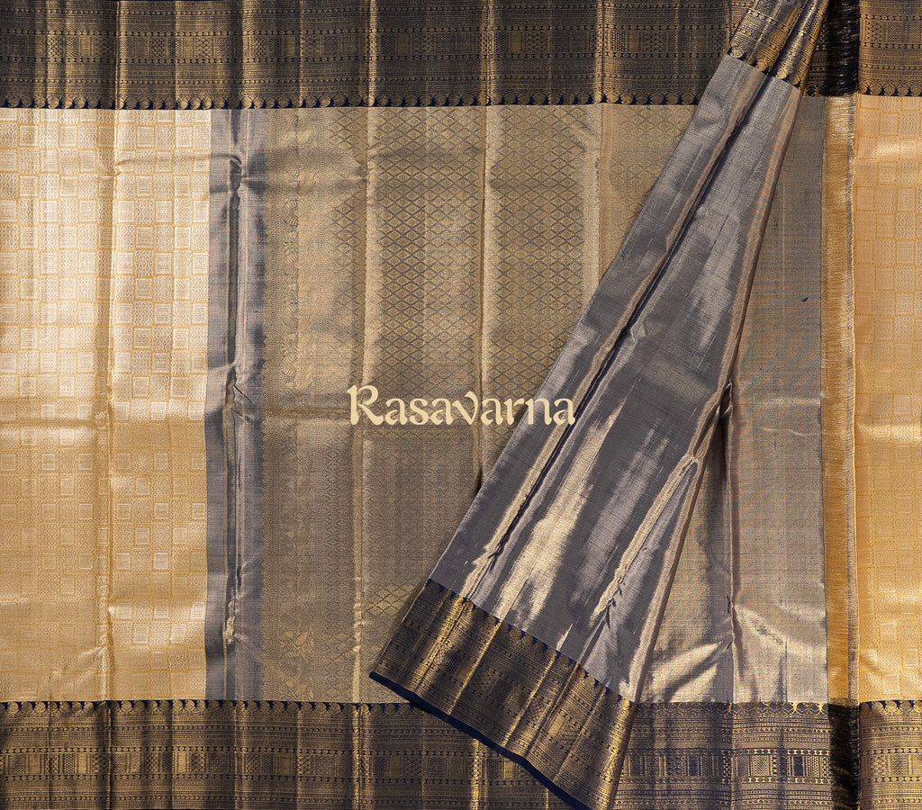 Yellow Pure Silk Kanchipuram Pattu Saree with Navy Blue Border