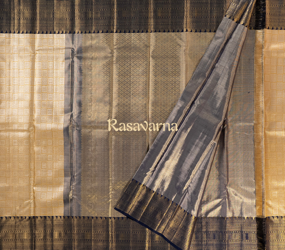 Yellow Pure Silk Kanchipuram Pattu Saree with Navy Blue Border