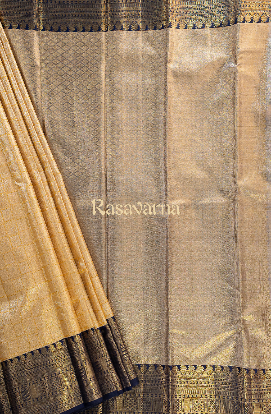 Yellow Pure Silk Kanchipuram Pattu Saree with Navy Blue Border