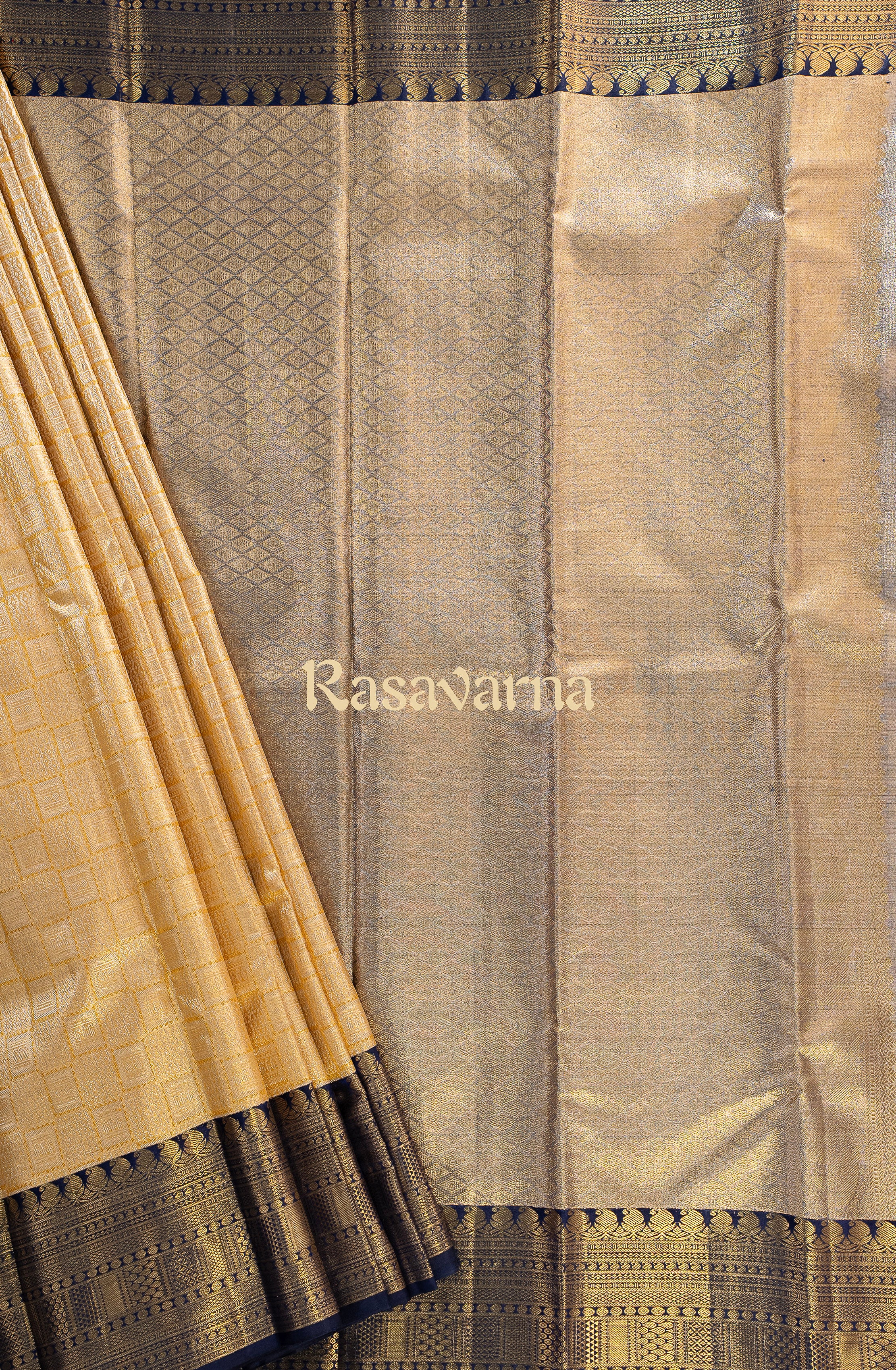 Yellow Pure Silk Kanchipuram Pattu Saree with Navy Blue Border