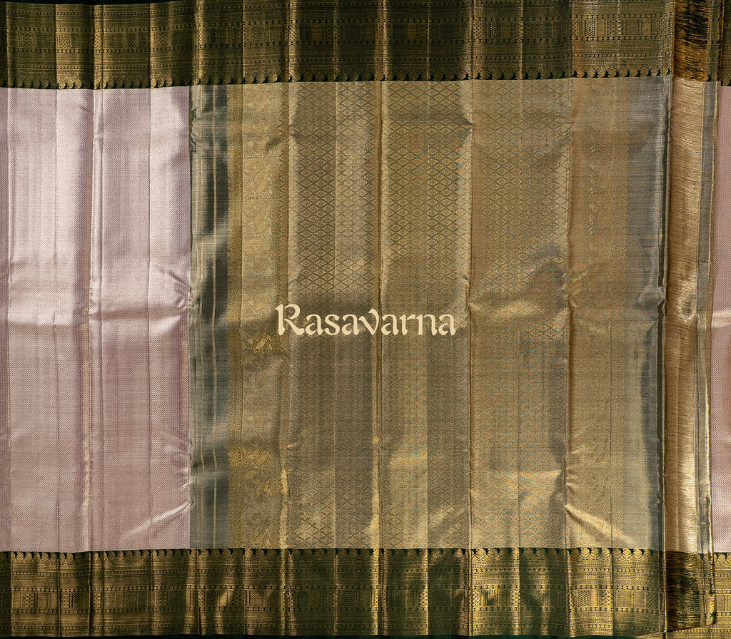 Rose Gold Pure Silk Kanchipuram Pattu Saree with Bottle Green Border