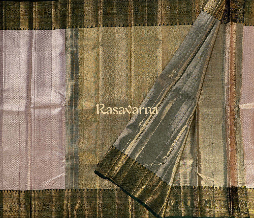 Rose Gold Pure Silk Kanchipuram Pattu Saree with Bottle Green Border