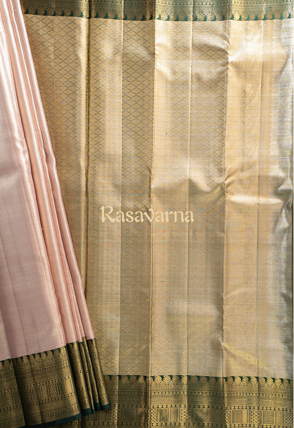 Rose Gold Pure Silk Kanchipuram Pattu Saree with Bottle Green Border