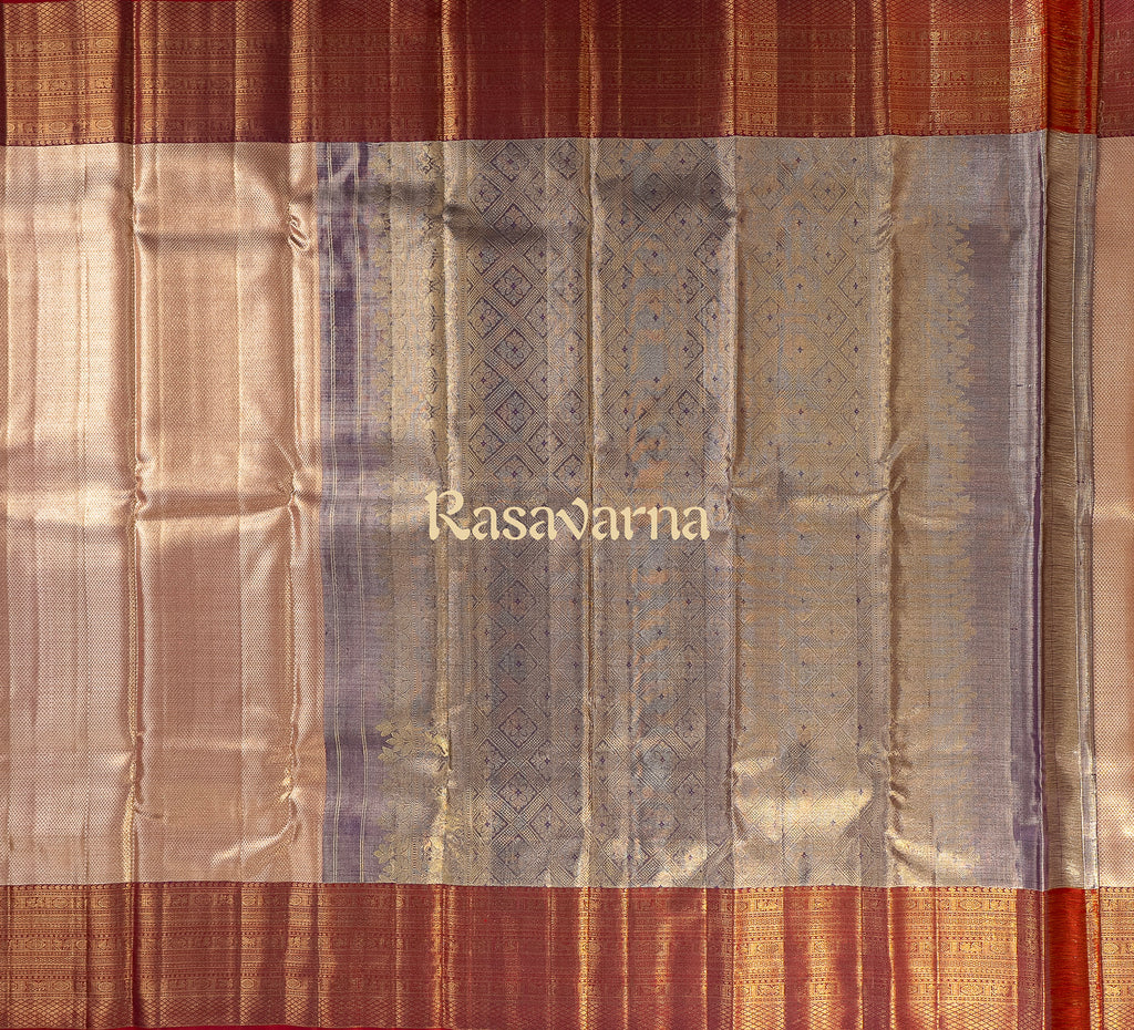 Rose Gold Pure Silk Kanchipuram Pattu Saree with Red Border