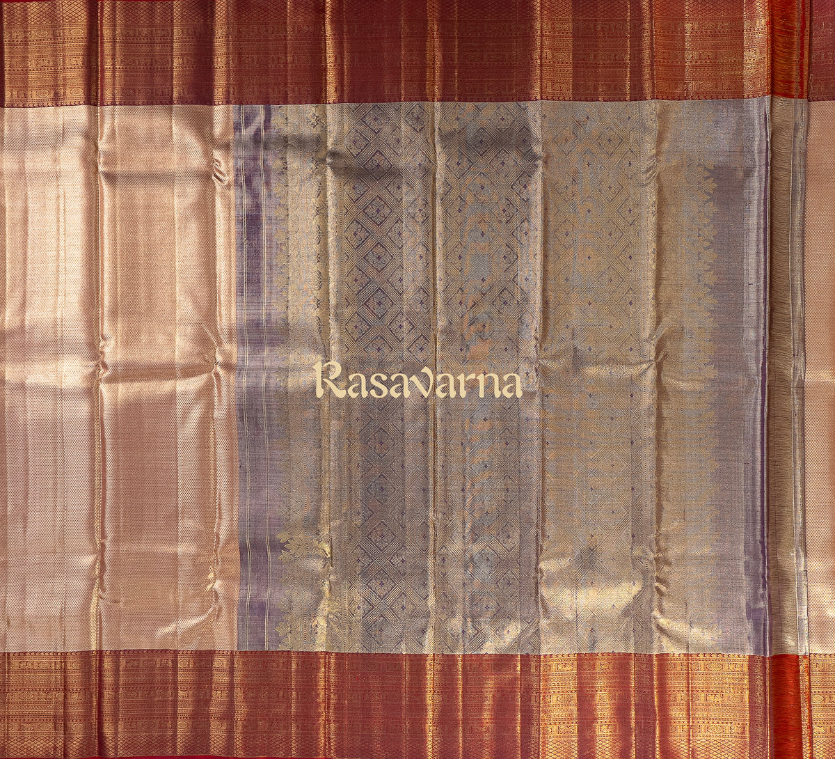 Rose Gold Pure Silk Kanchipuram Pattu Saree with Red Border