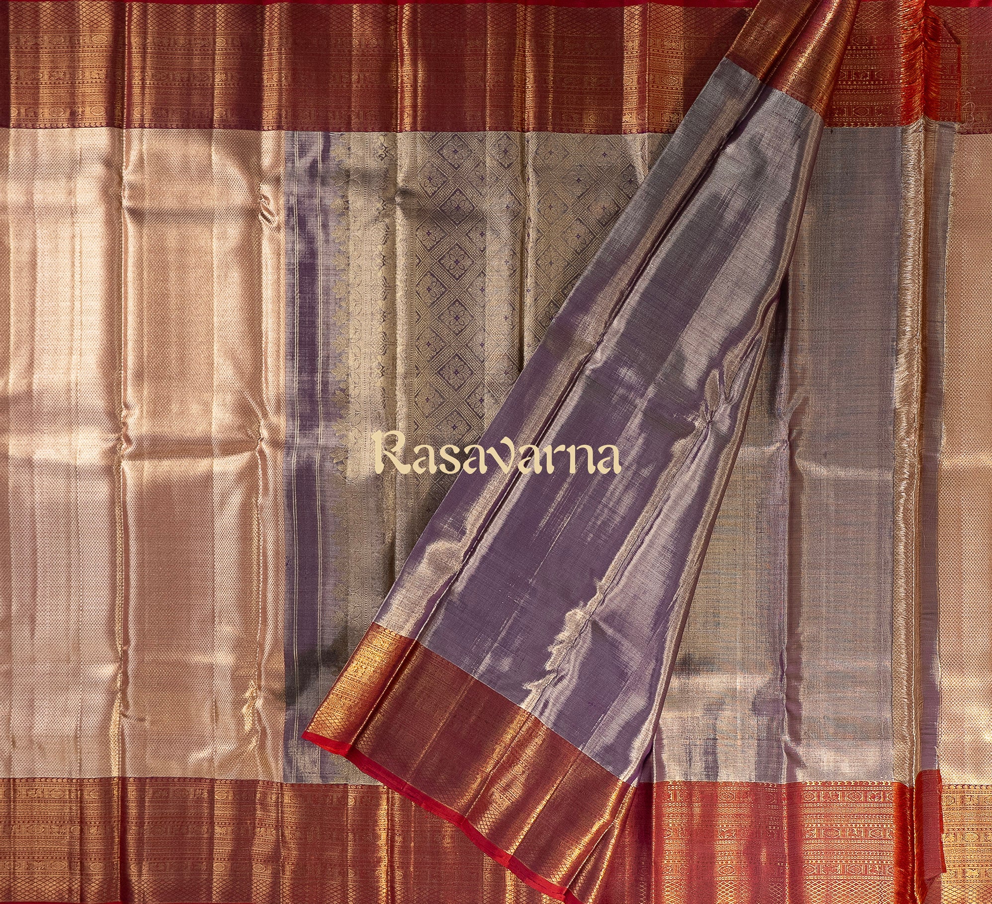 Rose Gold Pure Silk Kanchipuram Pattu Saree with Red Border