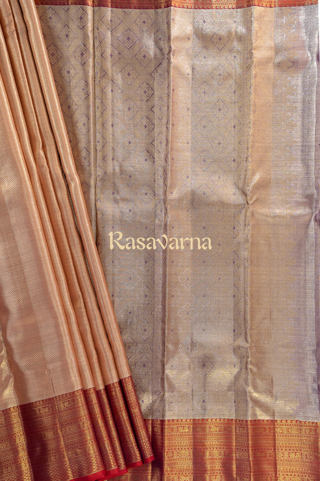 Rose Gold Pure Silk Kanchipuram Pattu Saree with Red Border