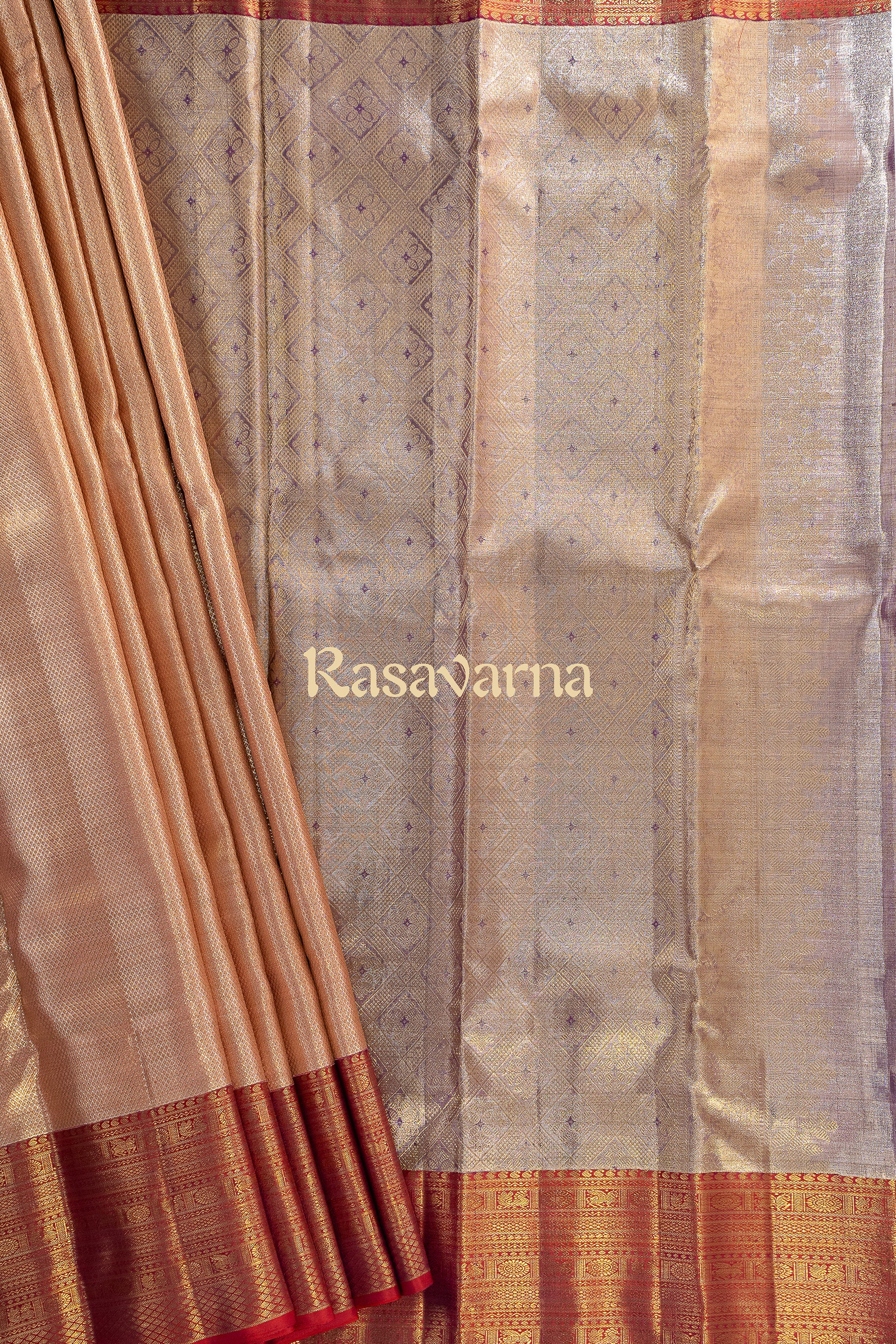 Rose Gold Pure Silk Kanchipuram Pattu Saree with Red Border