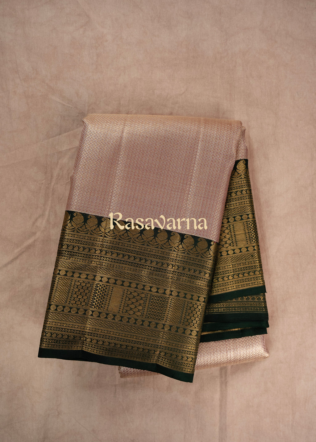 Rose Gold Pure Silk Kanchipuram Pattu Saree with Bottle Green Border