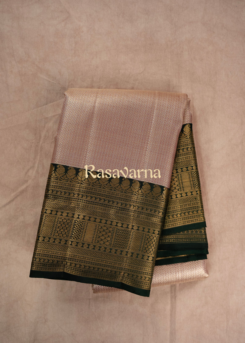 Rose Gold Pure Silk Kanchipuram Pattu Saree with Bottle Green Border