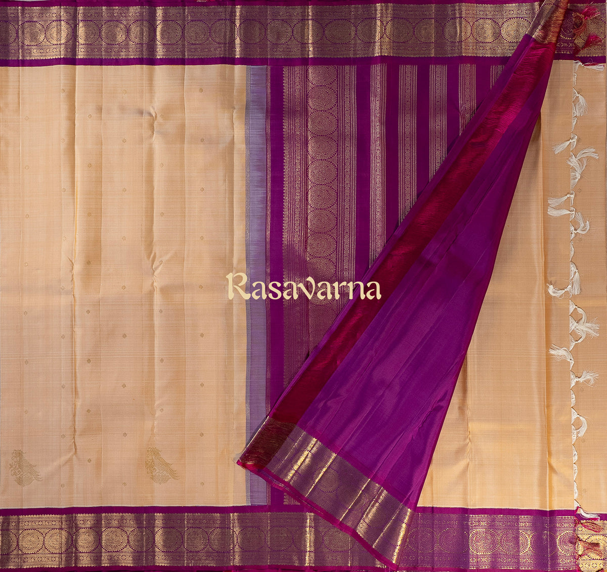 Cream Pure Silk Kanchipuram Pattu Saree with Rani Pink Border