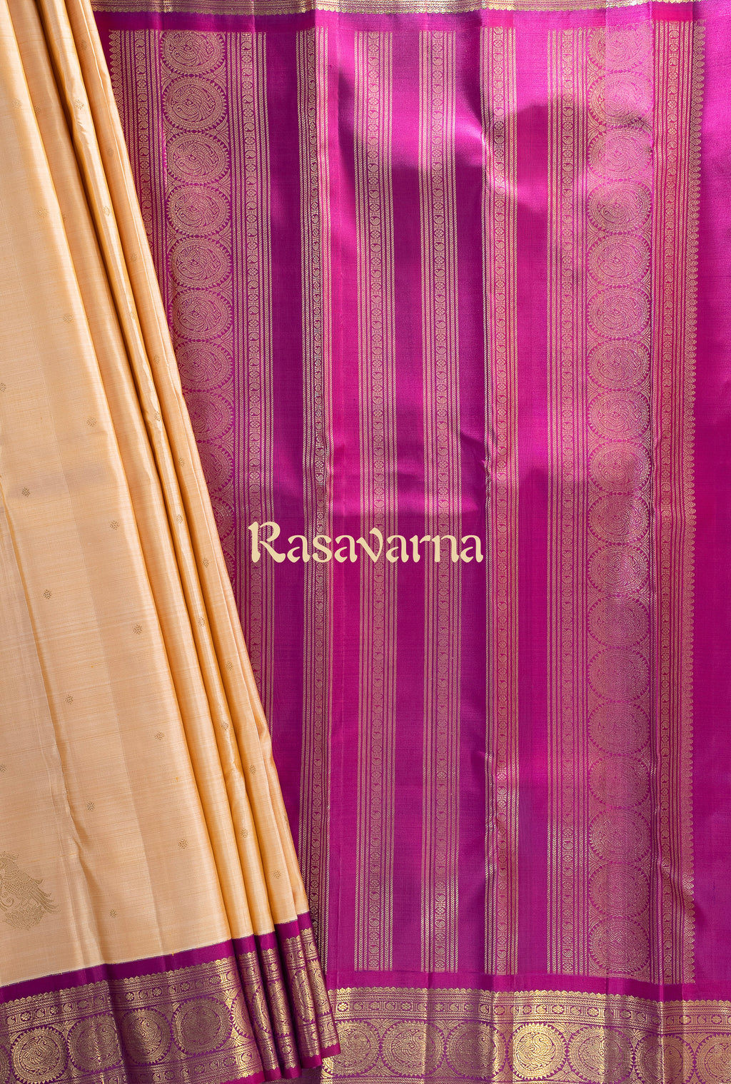 Cream Pure Silk Kanchipuram Pattu Saree with Rani Pink Border