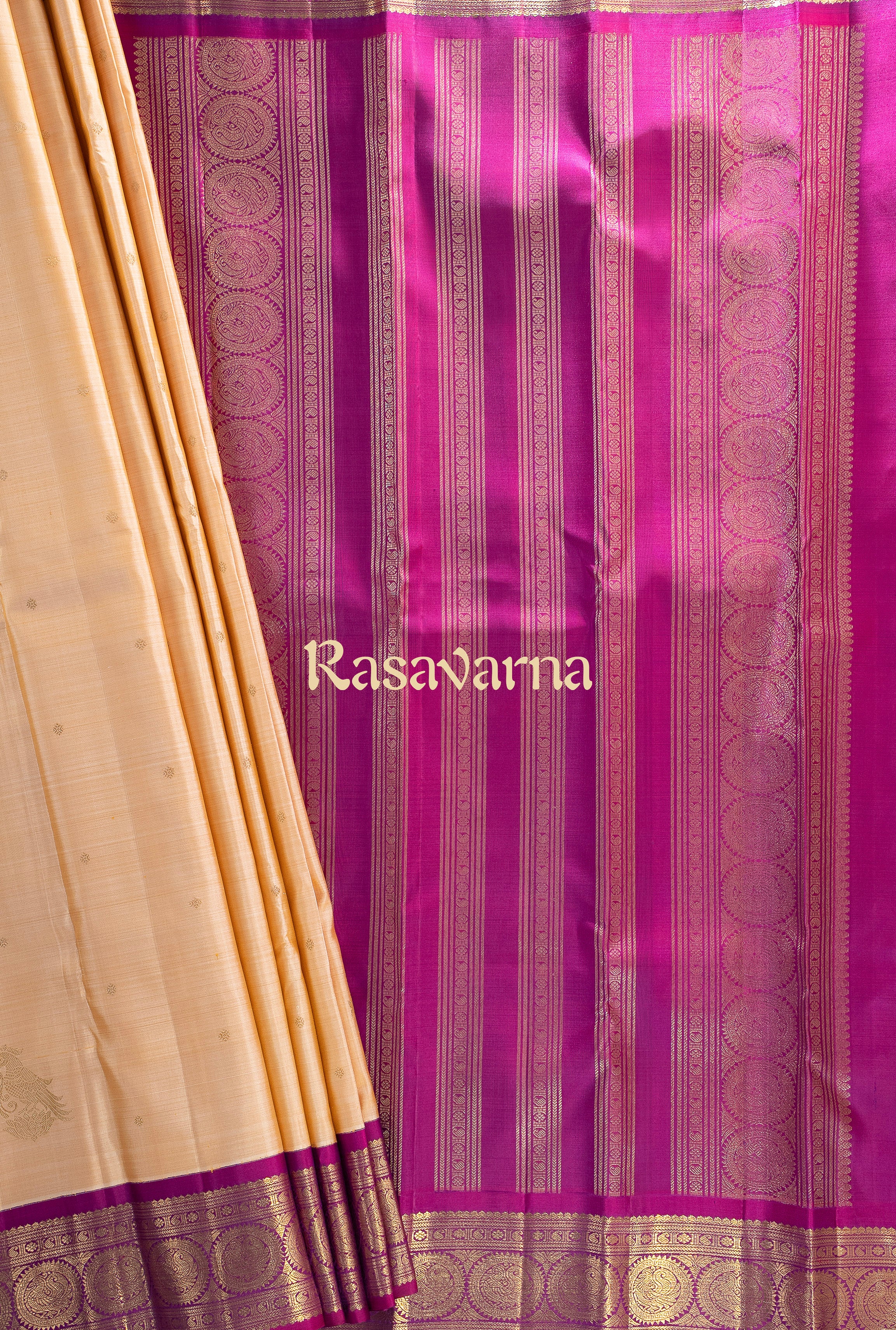 Cream Pure Silk Kanchipuram Pattu Saree with Rani Pink Border