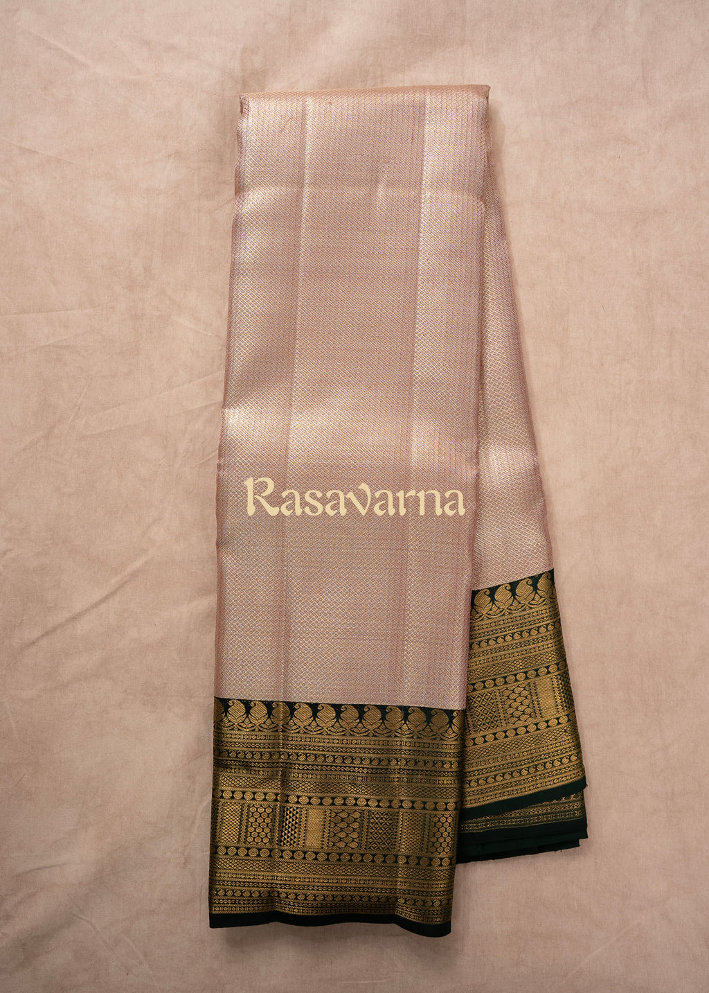 Rose Gold Pure Silk Kanchipuram Pattu Saree with Bottle Green Border