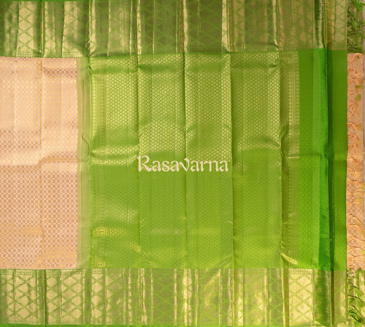 Cream Pure Silk Kanchipuram Pattu Saree with Green Border
