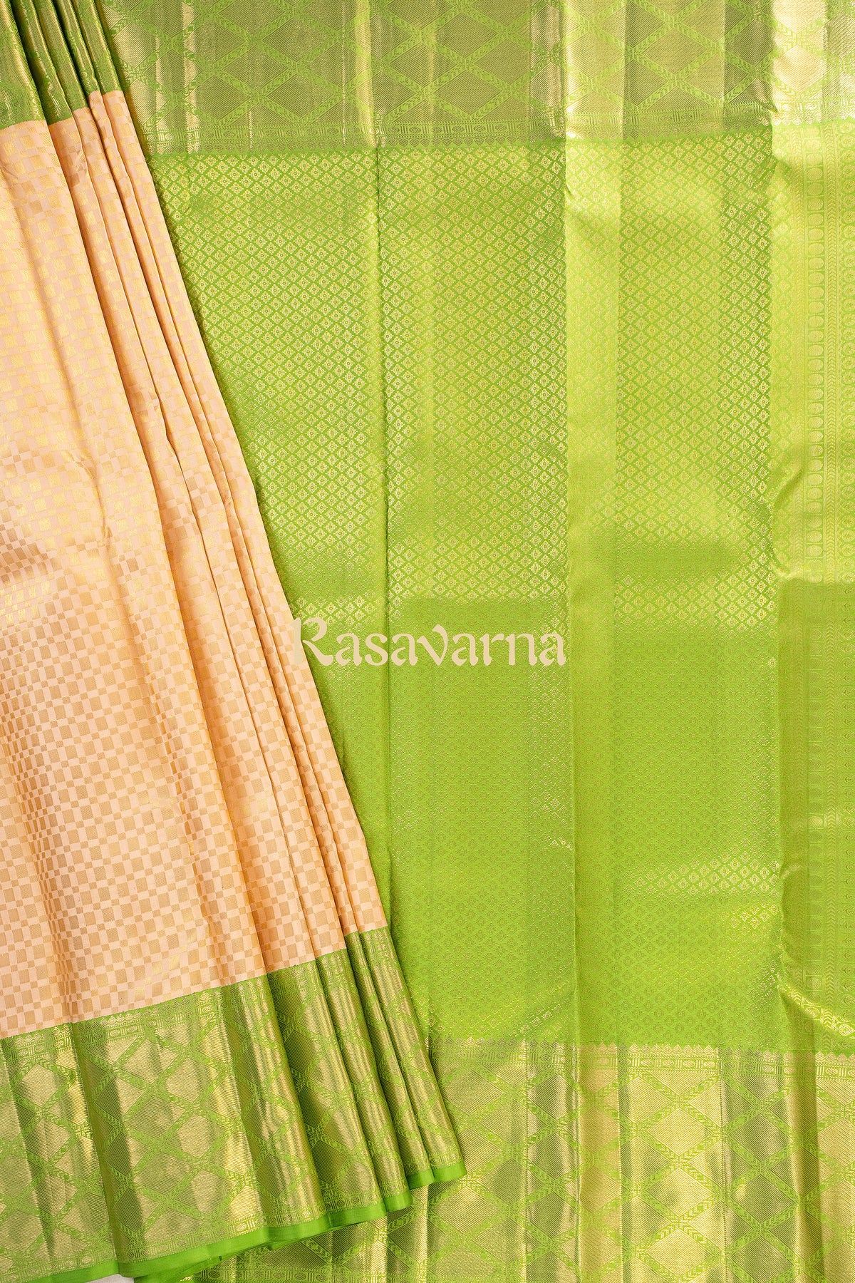 Cream Pure Silk Kanchipuram Pattu Saree with Green Border