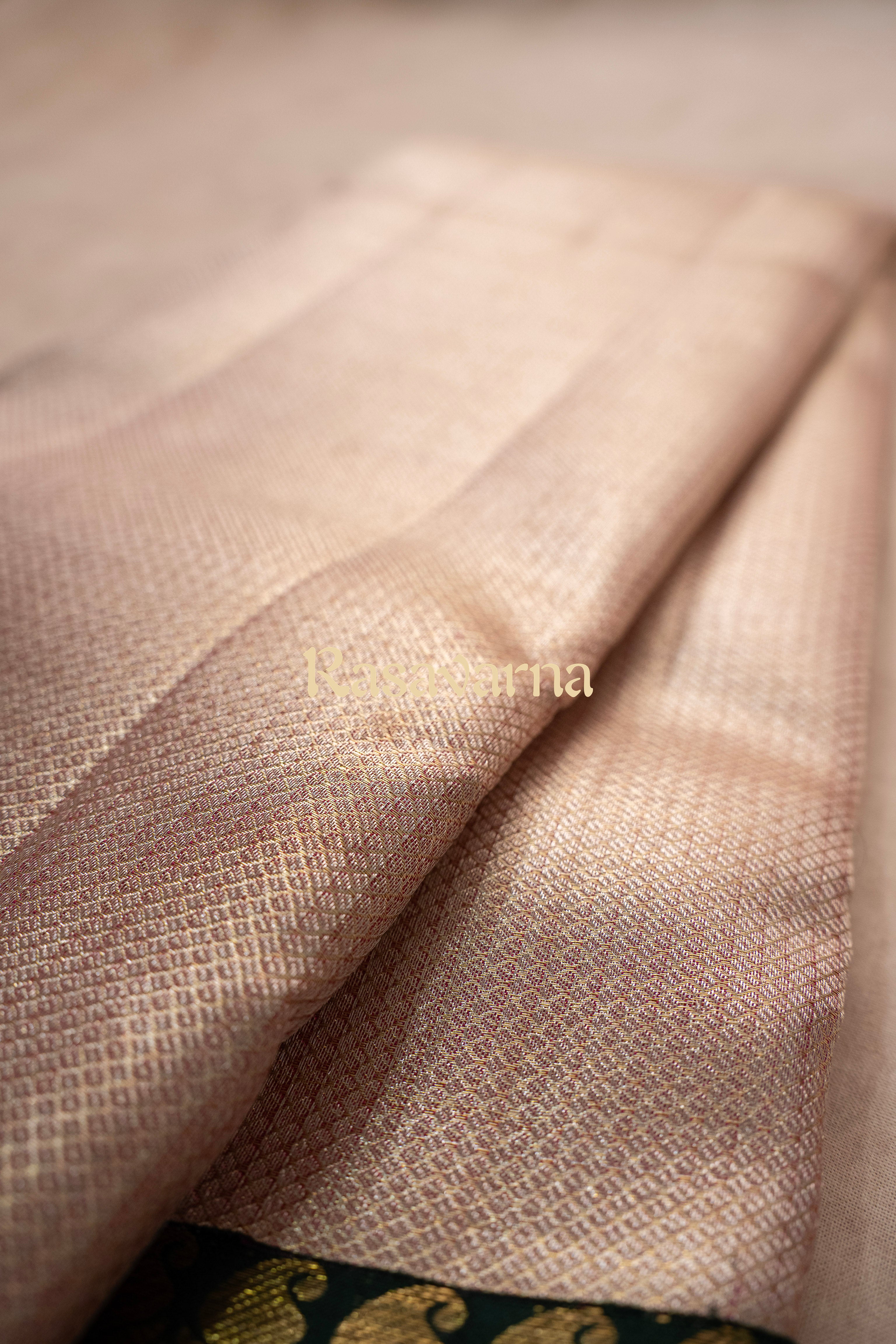 Rose Gold Pure Silk Kanchipuram Pattu Saree with Bottle Green Border