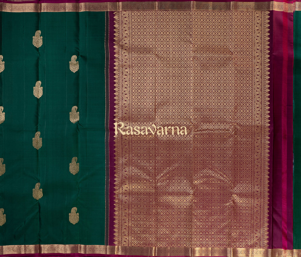 Bottle Green Pure Silk Kanchipuram Pattu Saree with Magenta Border
