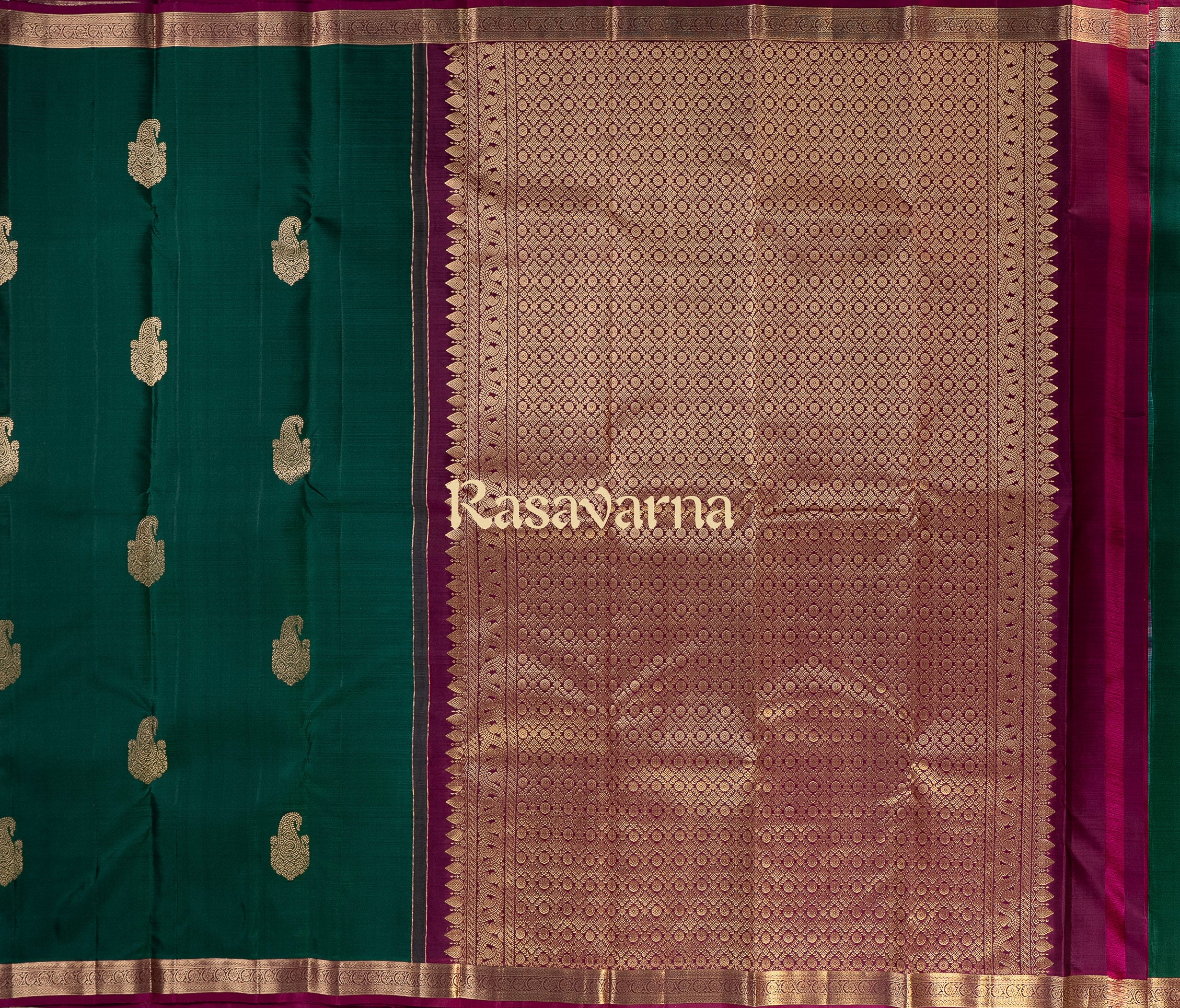 Bottle Green Pure Silk Kanchipuram Pattu Saree with Magenta Border