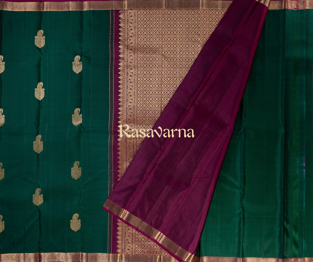 Bottle Green Pure Silk Kanchipuram Pattu Saree with Magenta Border