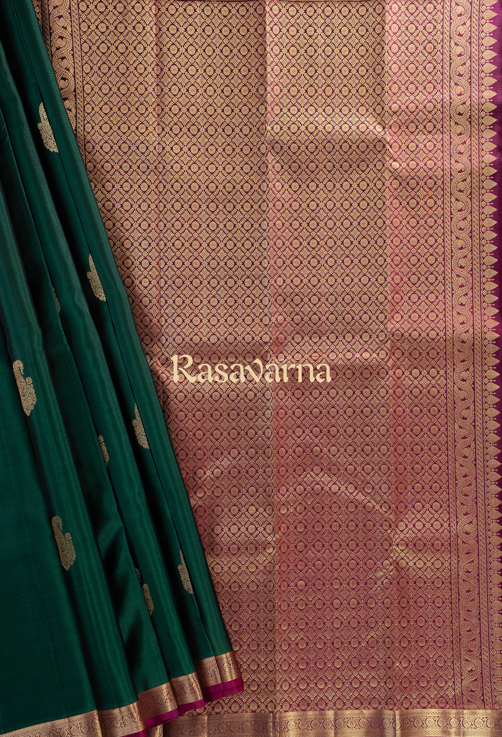 Bottle Green Pure Silk Kanchipuram Pattu Saree with Magenta Border