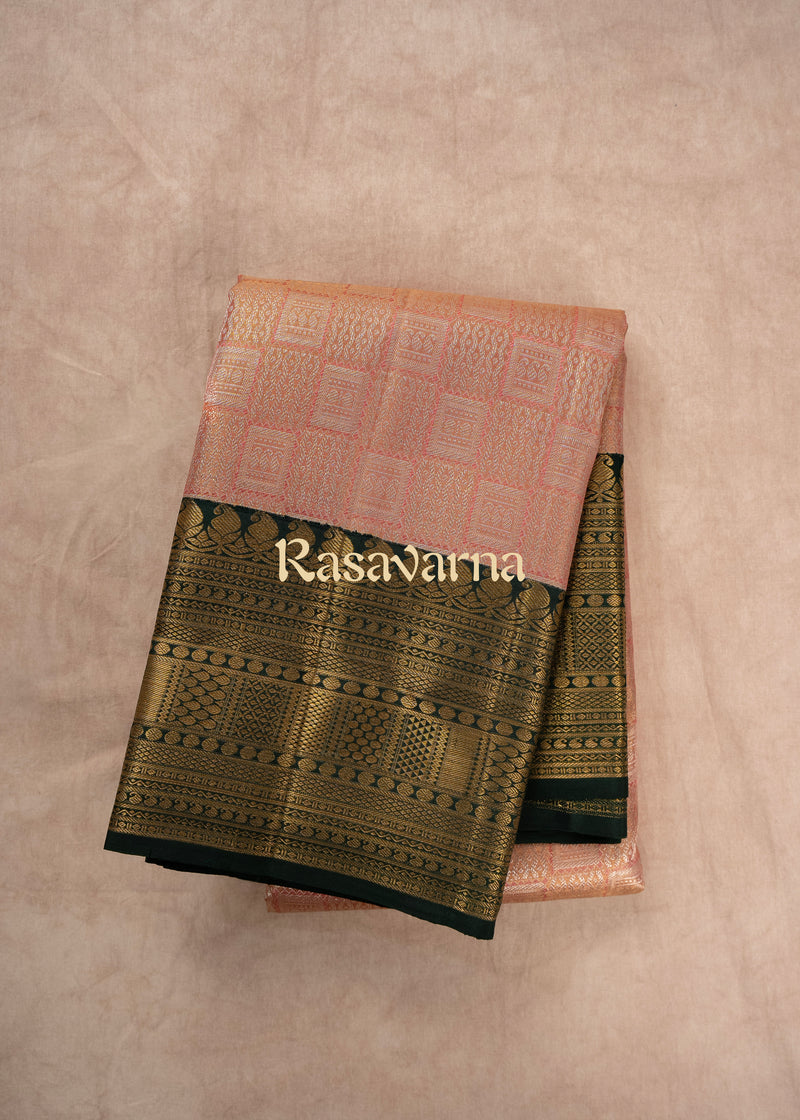 Pink Pure Silk Kanchipuram Pattu Saree with Bottle Green Border