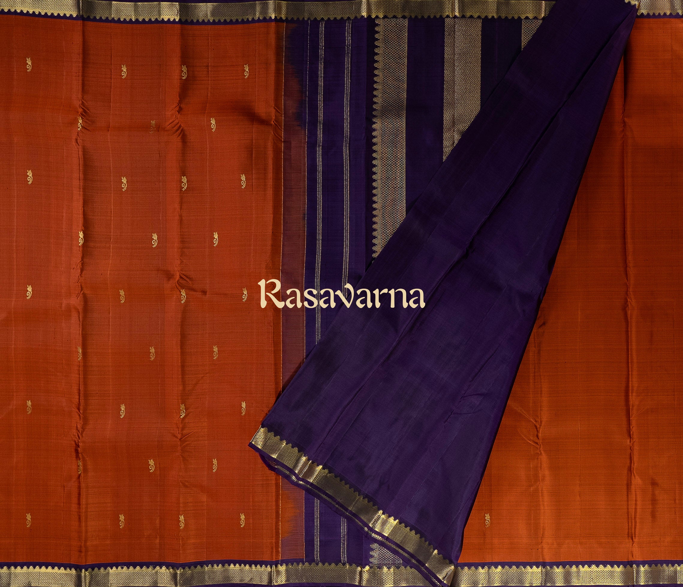 Rust Orange Pure Silk Kanchipuram Pattu Saree with Violet Border