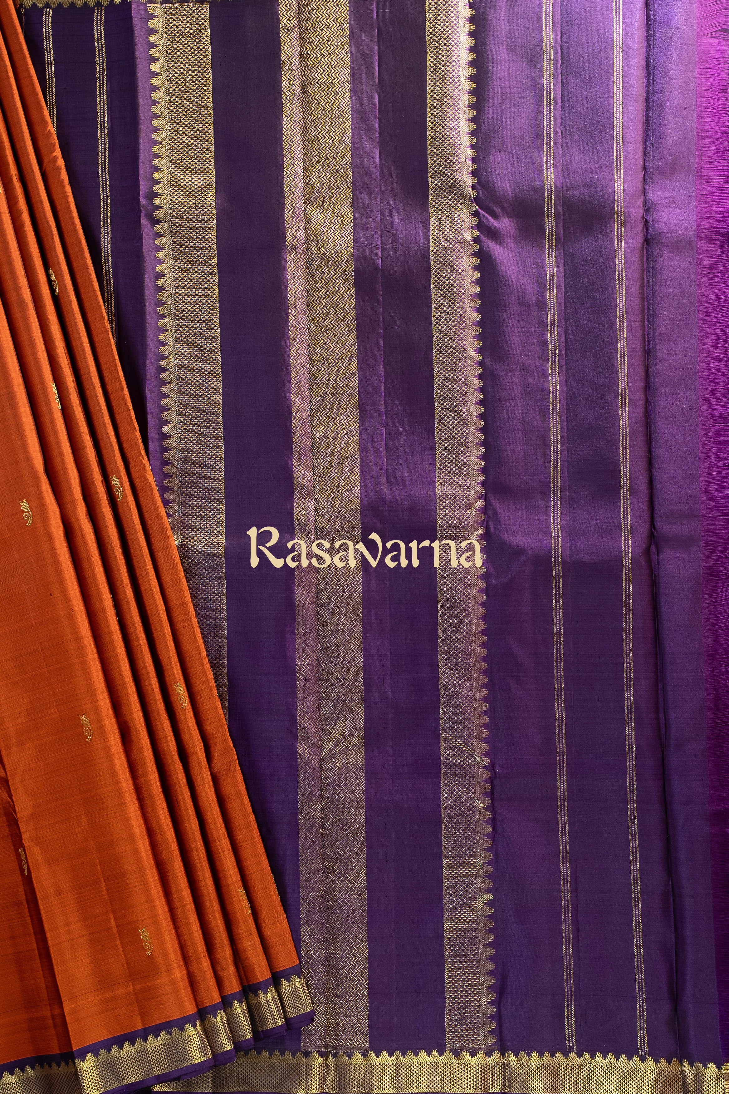 Rust Orange Pure Silk Kanchipuram Pattu Saree with Violet Border